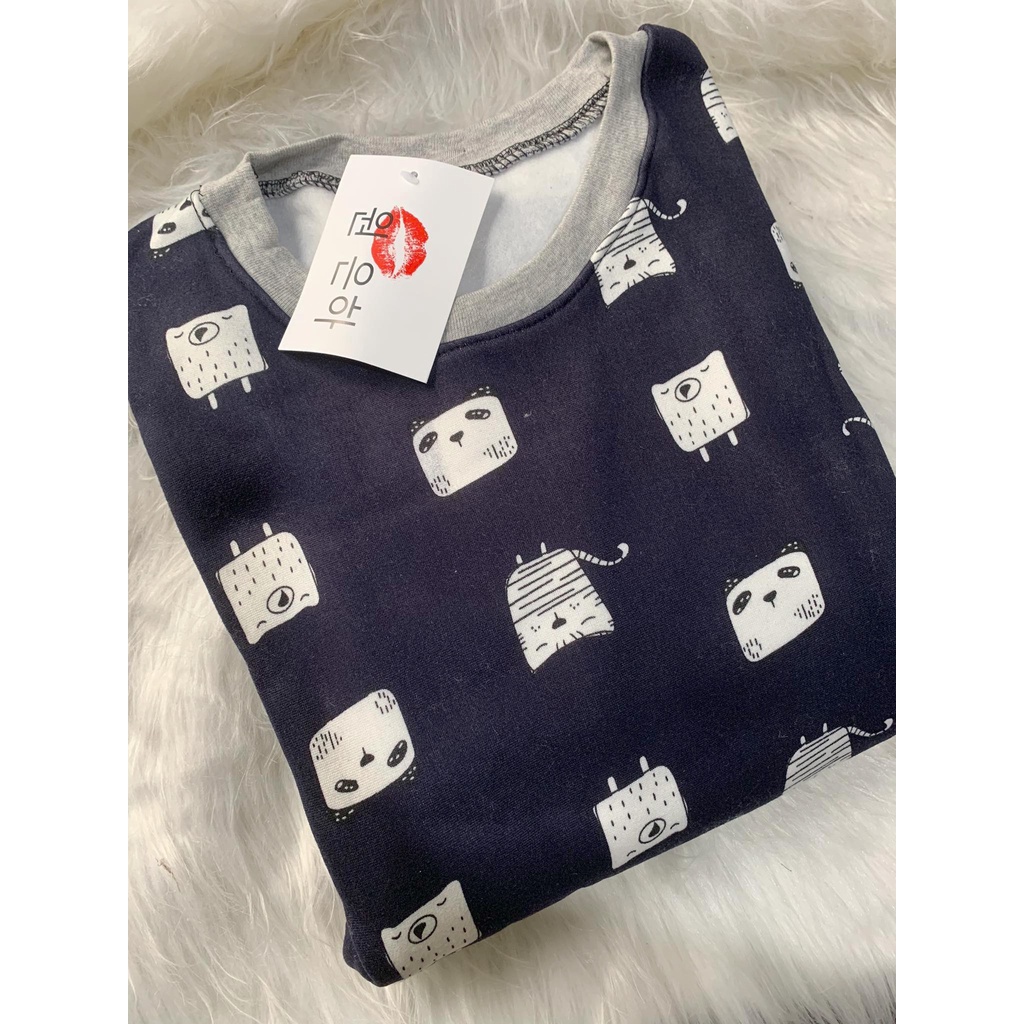Bộ nỉ bông nhiều họa tiết nữ, set quần ống bo áo sweater mặc ở nhà, đồ ngủ dài tay đẹp icon dễ thương bánh bèo HOT