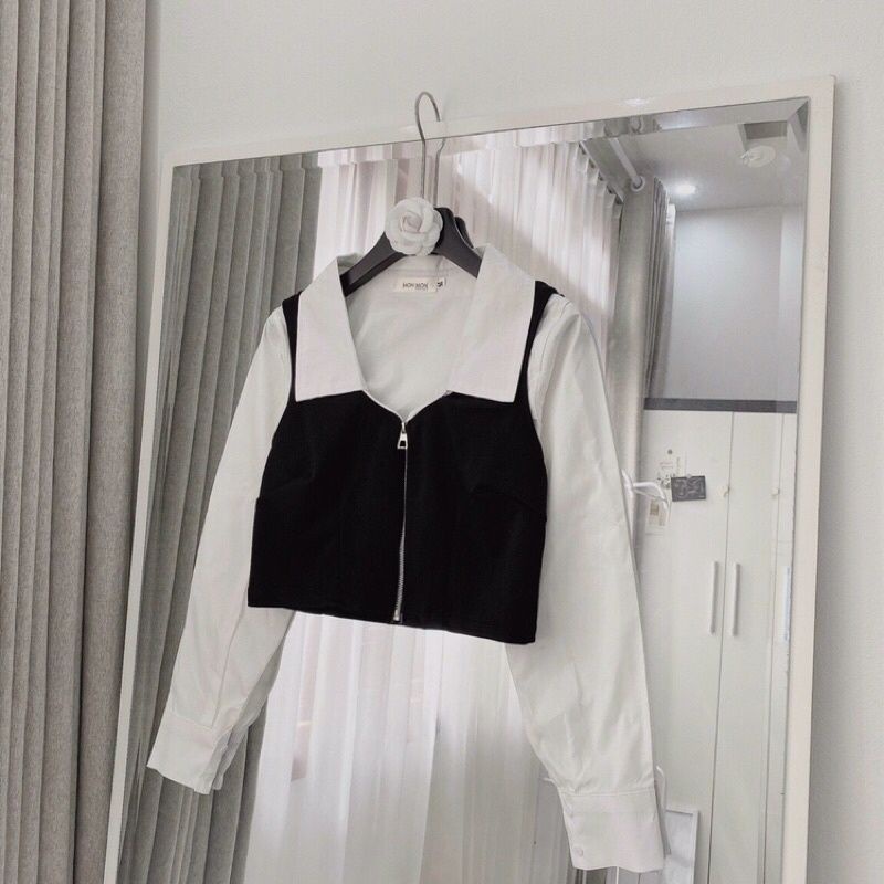 Áo sơ mi CROPTOP trắng phối đen Khoá kéo cực chất
