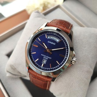 Đồng hồ nam casio 💖freeship💖đồng hồ casio nam mtp-1370l-2avdf mặt xanh dây da nâu