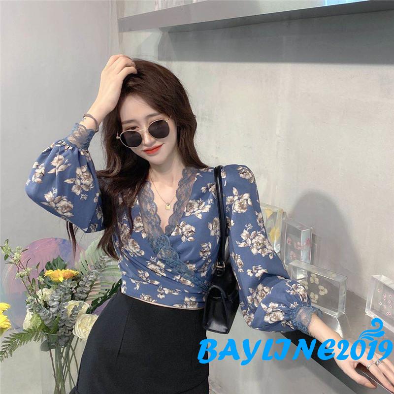 Áo Kiểu Nữ Dài Tay Cổ Chữ V In Hoa Xinh Xắn Hợp Thời Trang