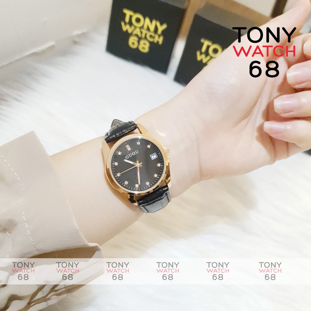 Đồng hồ Guou đẹp dây da đen mặt số ngọc viền mạ vàng chính hãng chống nước | BigBuy360 - bigbuy360.vn