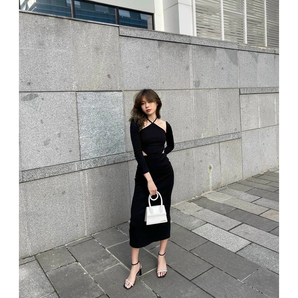 Đầm ôm body đen cutout khoét eo cổ yếm siêu xịn siêu se khoe eo váy đi bar dự tiệc dạo phố chụp ảnh Kawaii