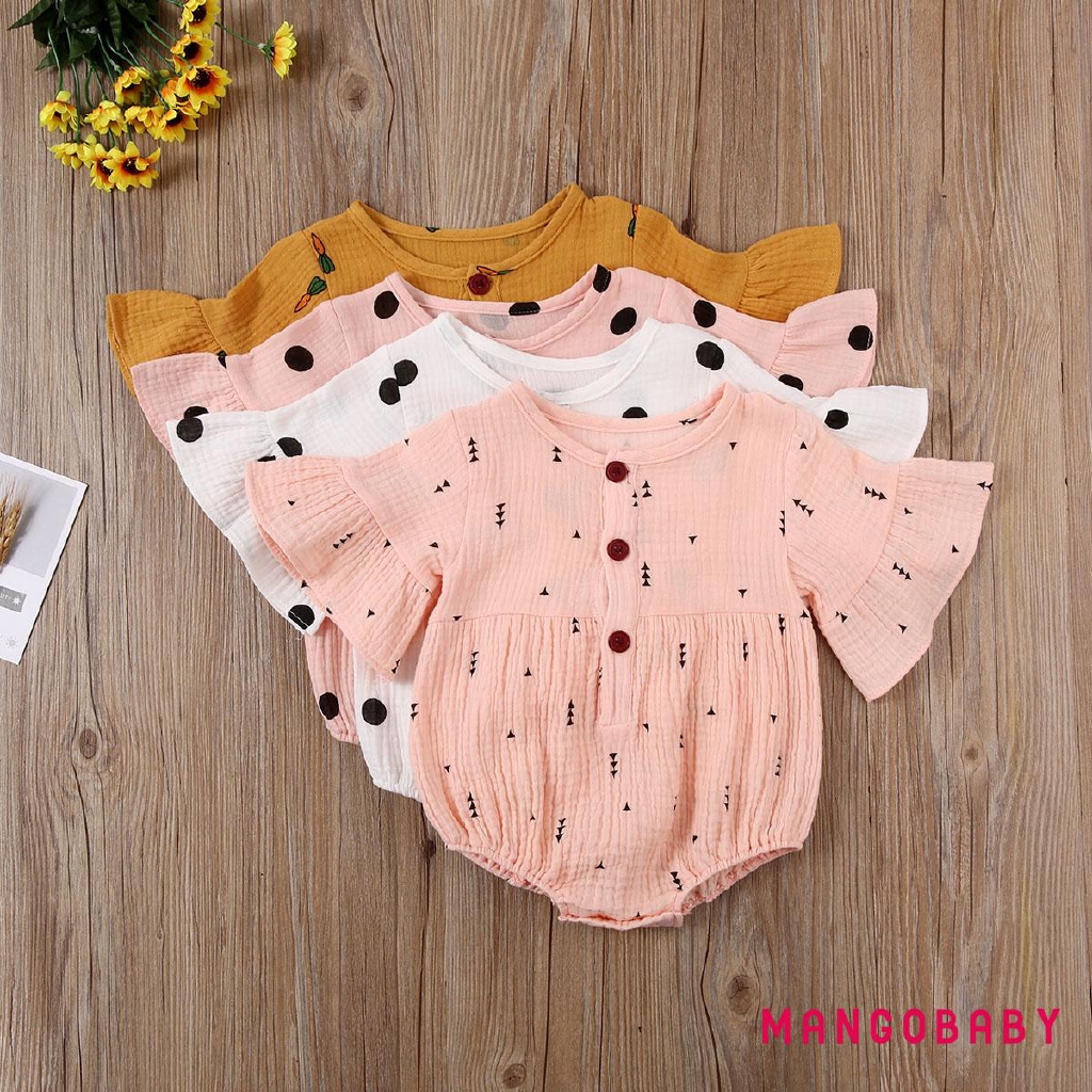♬MG♪-Baby Girls Romper Floral Print Round Neck Short Flounced Sleeve Bodysuit Romper