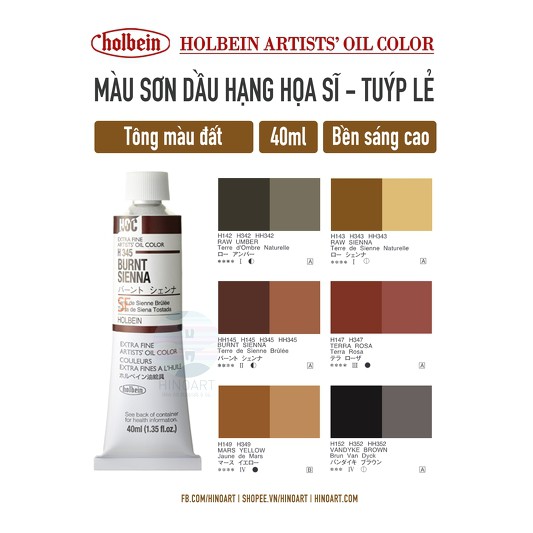 Tông nâu màu sơn dầu 40ml Holbein Oil Colors - tuýp lẻ