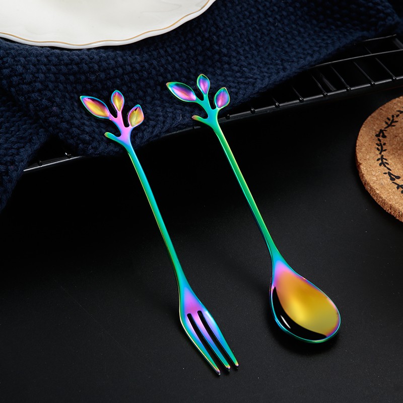 Hot Sale Stainless Steel Dessert Spoon Fork Creative Recyclable Tableware Coffee Spoon Fruit Fork for Gift Gold Leaf Spoon Fork Set