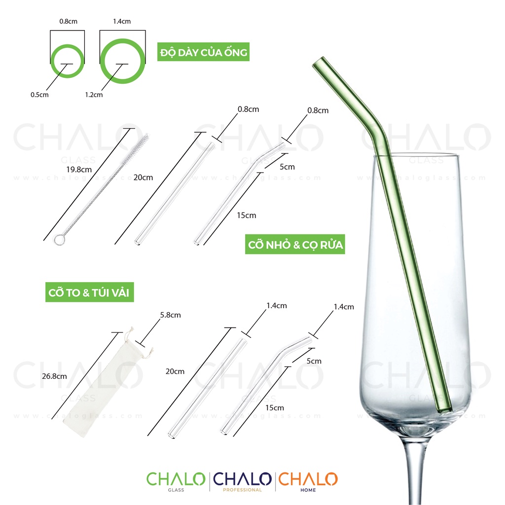 Ống hút thủy tinh chịu nhiệt nhiều màu - Cong & thẳng - 0.8cm x 20cm