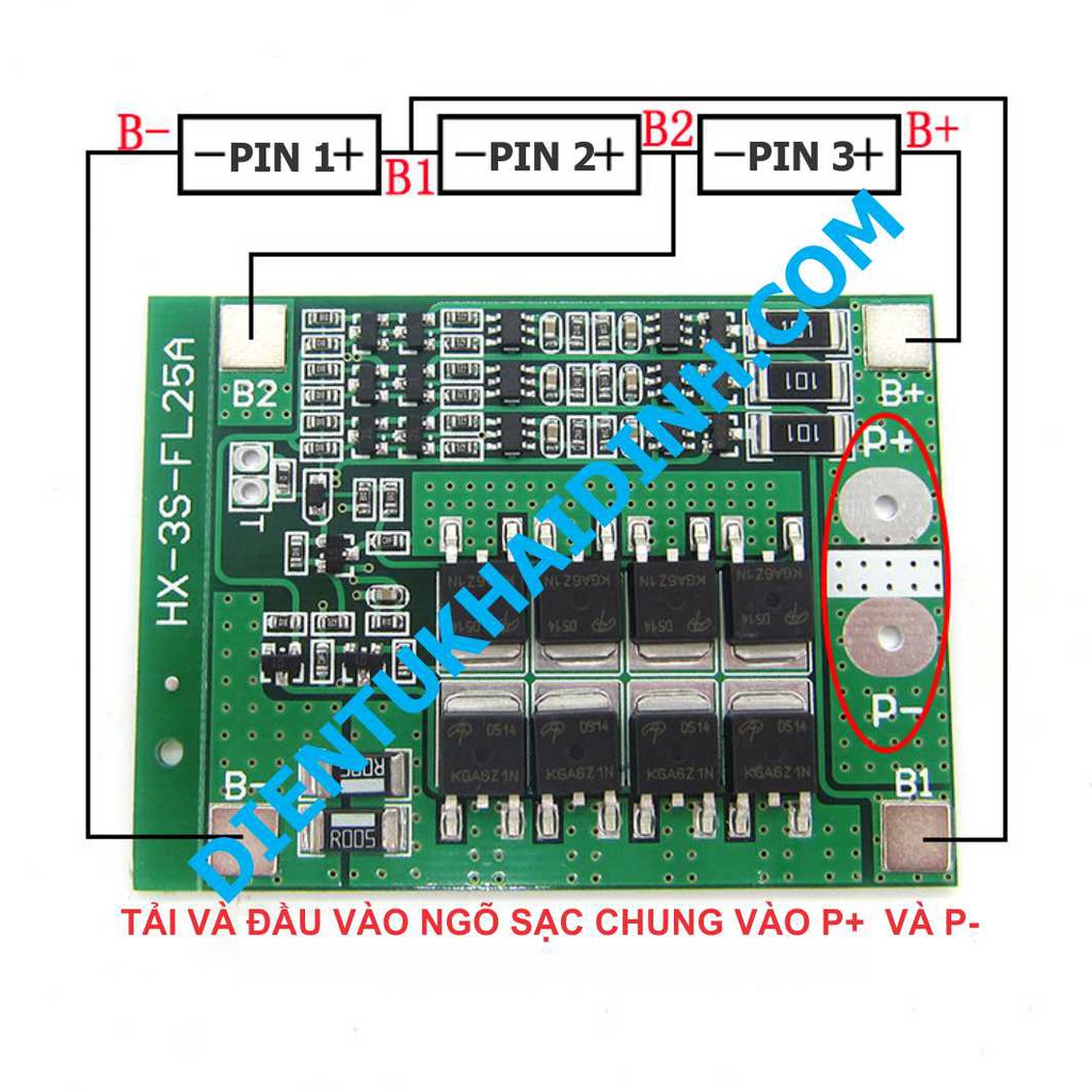 module SẠC, bảo vệ quá tải pin 18650 3 viên 11.1V-12.6V 25A kde3128