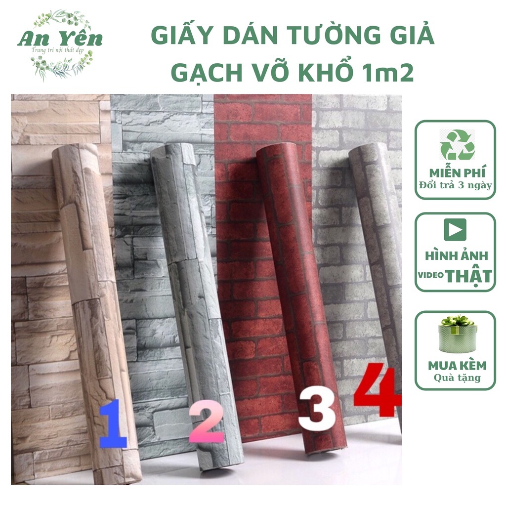 GIẤY DÁN TƯỜNG GIẢ GẠCH VỠ KHỔ 1m2,GIẤY PHỦ PVC KÈM KEO DÁN CHỐNG ẨM MỐC