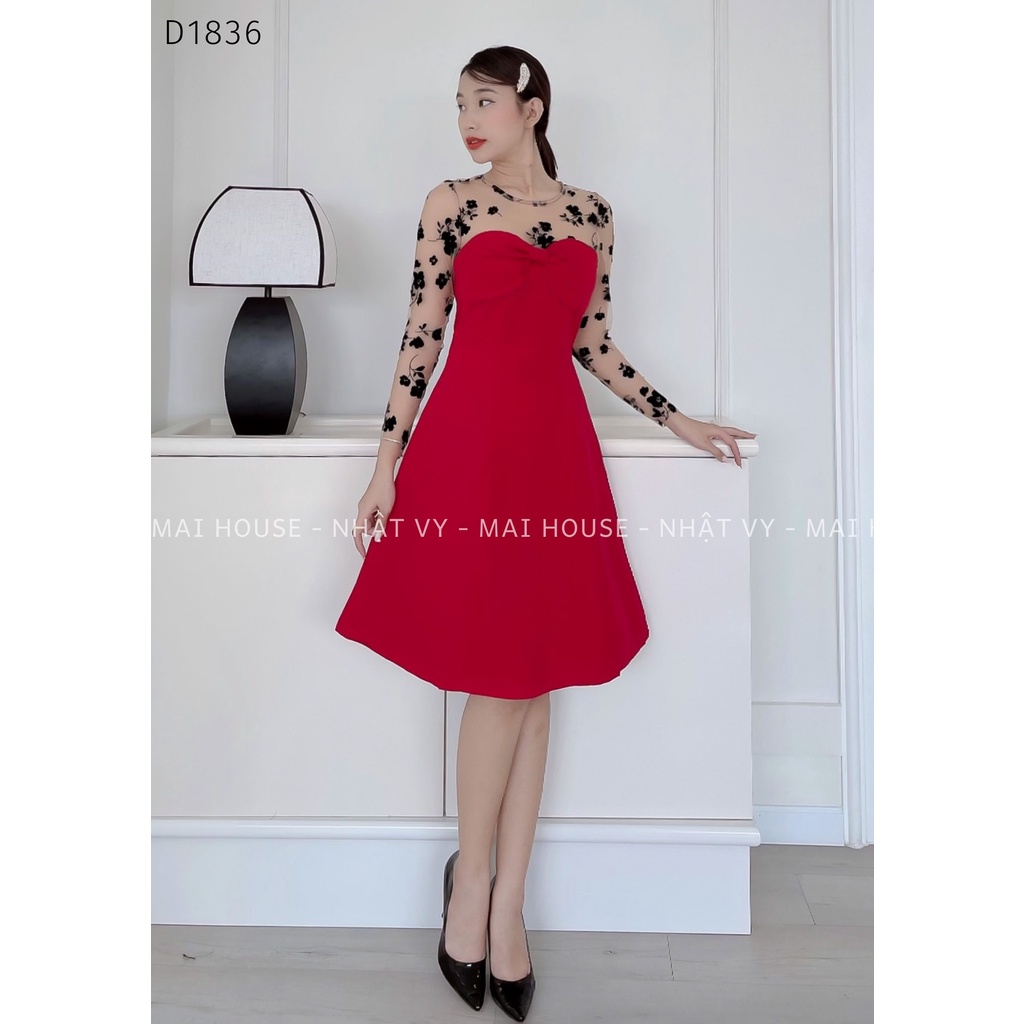 Đầm Đi Tiệc NHẬT VY Dáng Xòe Tay Lưới Hoa Nổi Chất Cotton Màu Đen, Đỏ -  D1836