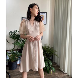 ĐẦM CỔ V PHỐI TAY SHEER EDINI-D1105