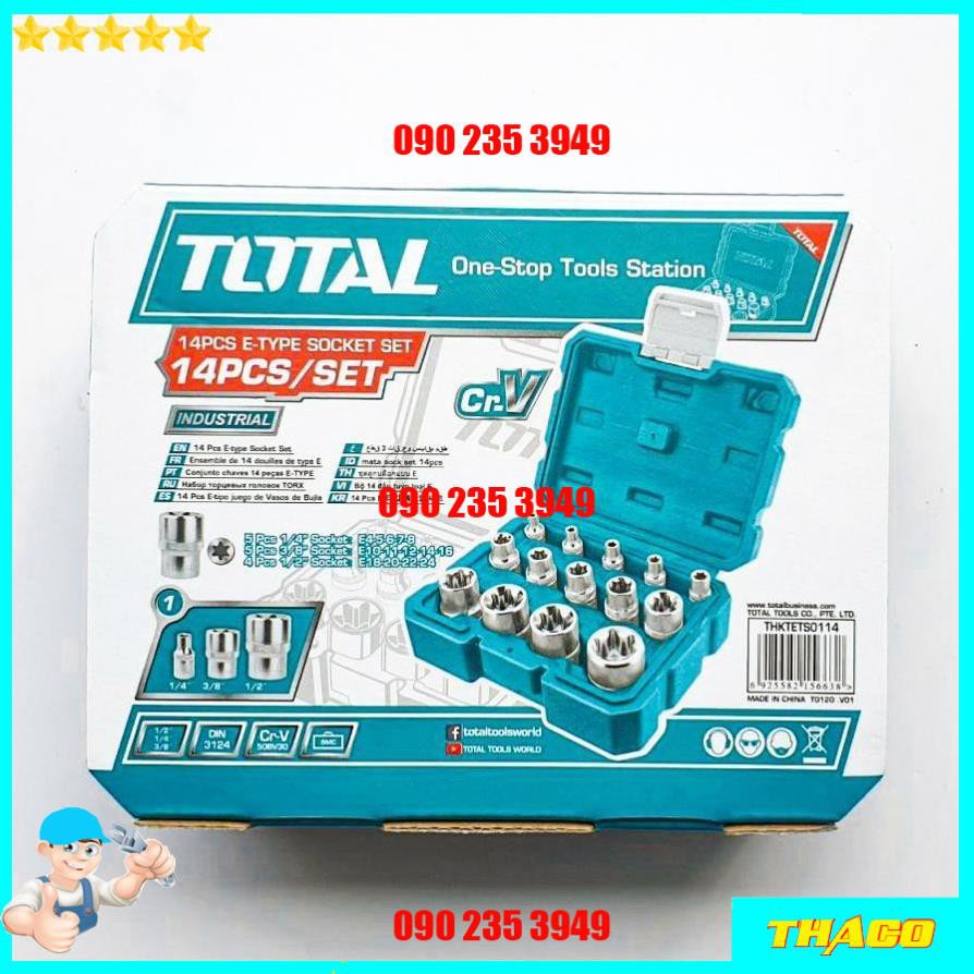 Bộ 14 đầu khẩu tiếp tuýp 1/4 3/8 1/2 inch loại E ngôi sao Total Ingco 1234