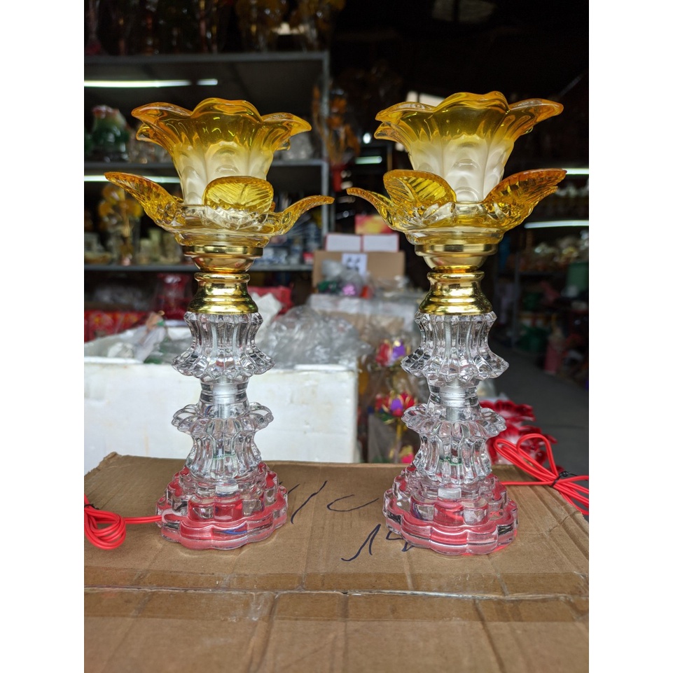 1 đôi Đèn thờ cúng pha l ê, Đèn trang trí bàn thờ LED hoa sen 1 bông cao 30cm