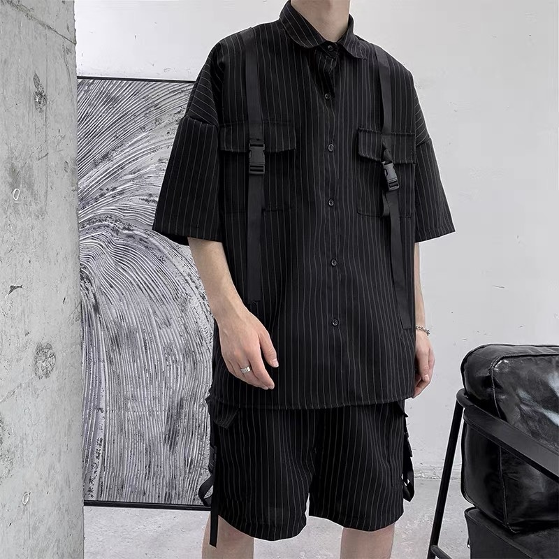 Set Áo Sơ Mi Tay Lỡ Kẻ Sọc Phối Quần Yếm Phong Cách Hip Hop Thời Trang Cá Tính Cho Nam