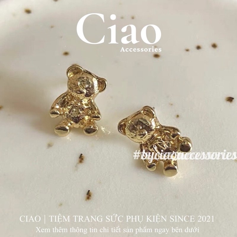 [HOẢ TỐC 1H] Khuyên tai/ Bông tai mạ bạc S925 thiết kế hình gấu trendy Teddy Bear Ciao