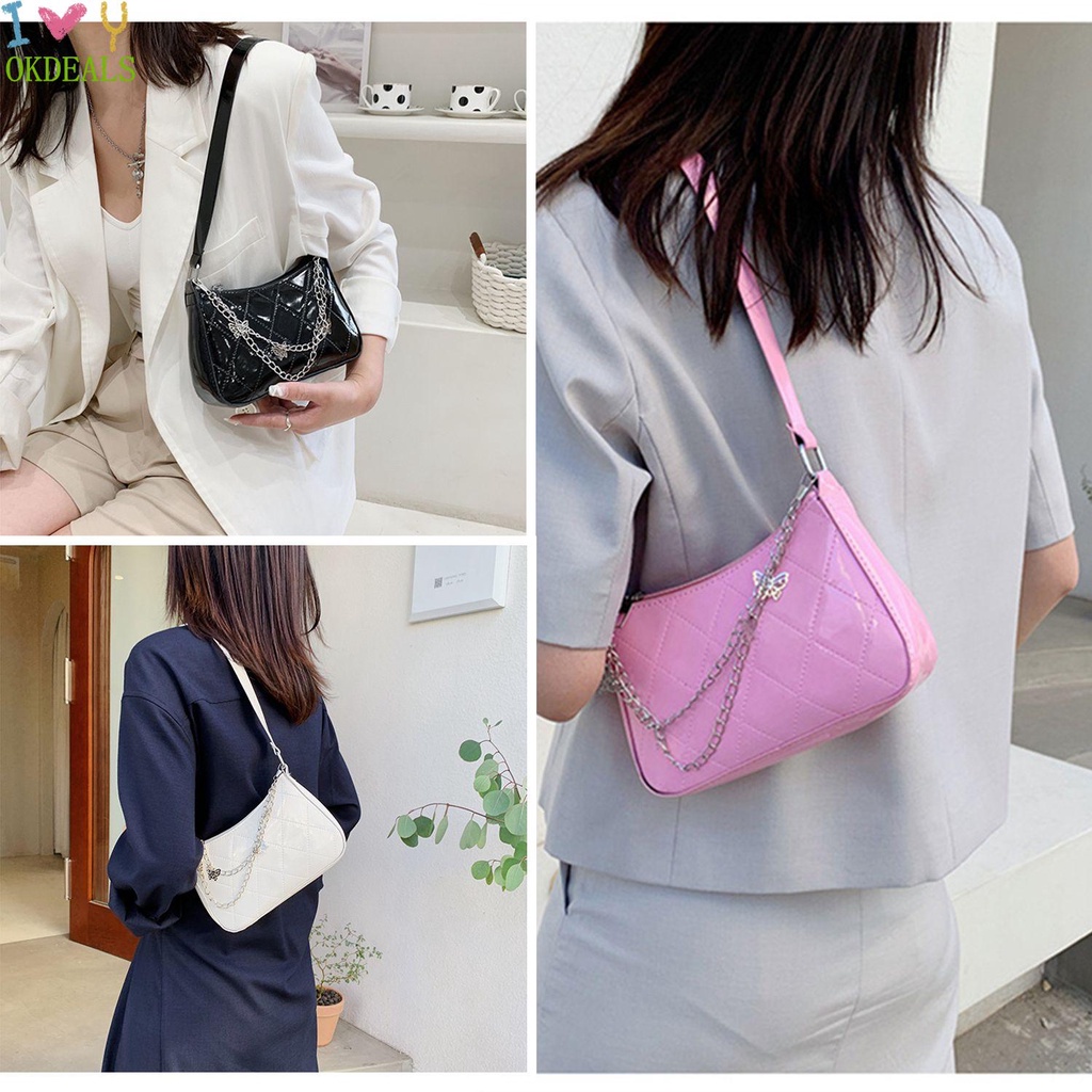 Túi Xách Da Cá Sấu Màu Trơn Họa Tiết Bướm Phối Dây Xích Phong Cách Cổ Điển Thời Trang Cho Nữ