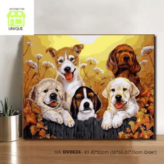 (Loại Khung Dày) Tranh sơn dầu số hóa 5 chú cún con mã DV0824