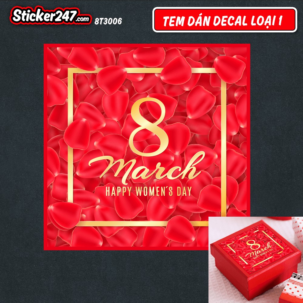 Tem decal dán quà tặng chúc mừng Ngày quốc tế phụ nữ 8 tháng 3 mẫu hình vuông hoa hồng màu đỏ bắt mắt, chống nước