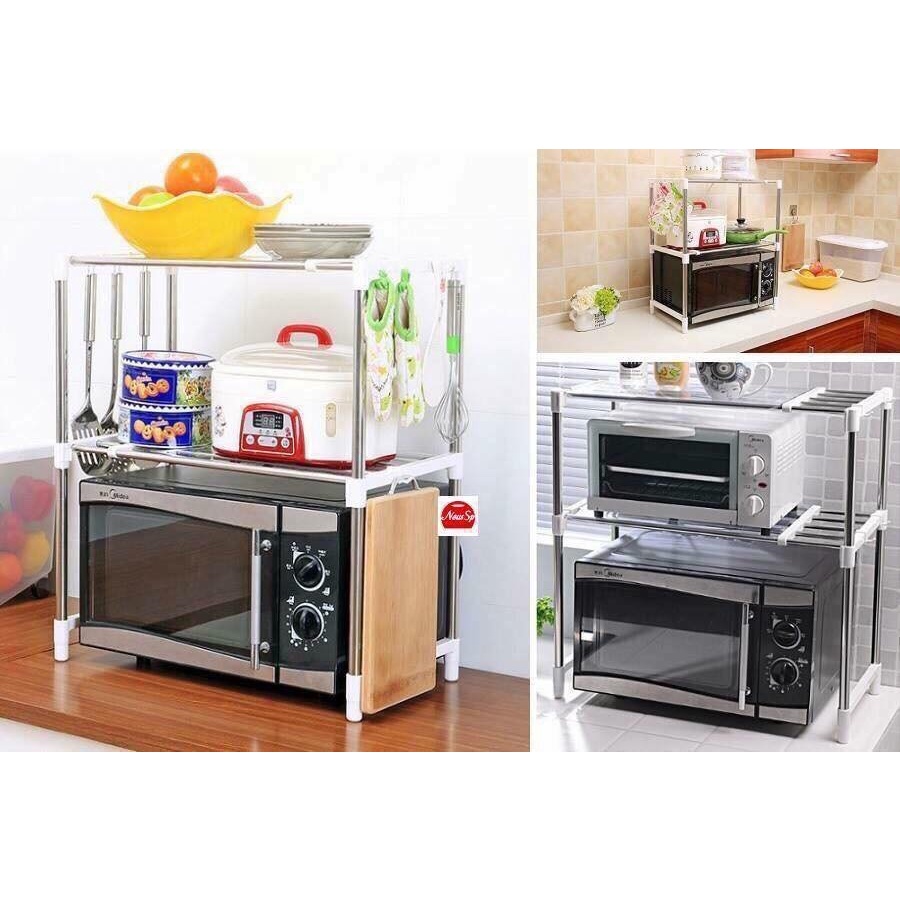 Giá kệ để lò vi sóng 2 tầng đa năng chất liệu inox dày đẹp, phần nối giữa các thanh bằng nhựa bền đẹp