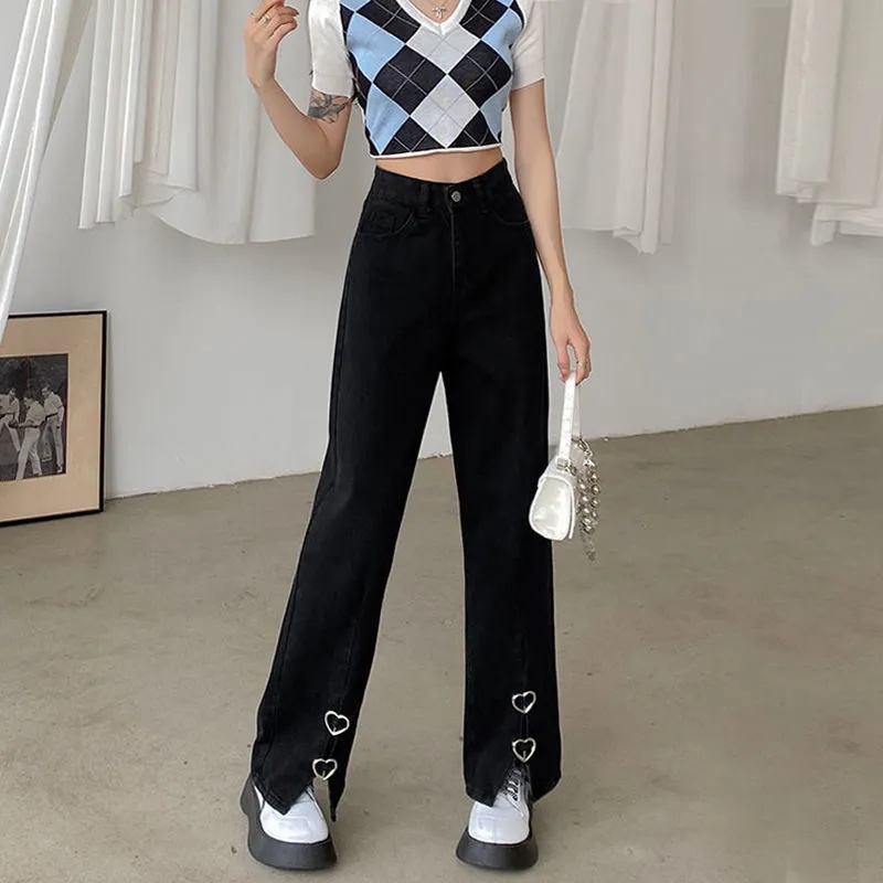 SUXI Quần Jeans Nữ Lưng Cao Ống Rộng Thời Trang Hàn Quốc Cá Tính