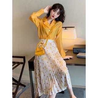 Váy nữ xinh🍒FREESHIP🍒set váy nữ đẹp áo vàng kết hợp chân váy xếp ly