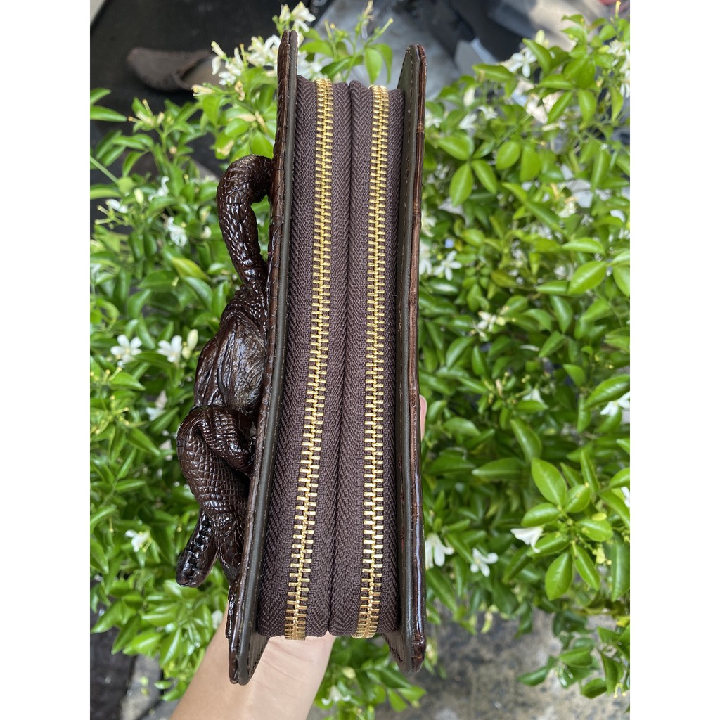 VÍ CẦM TAY NGUYÊN CON CÁ SẤU THẬT 100% 2 DÂY KÉO 22X12CM