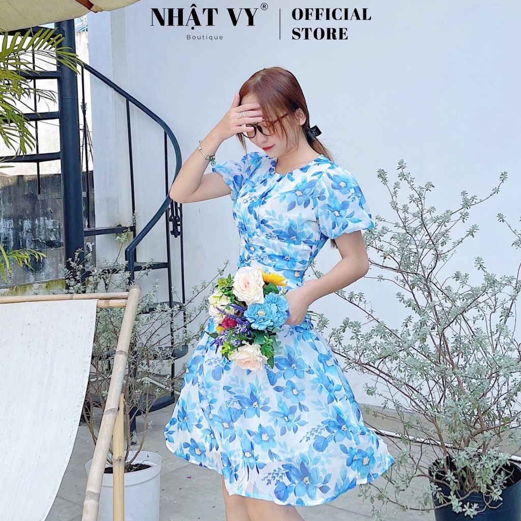 Đầm hoa đi chơi Nhật Vy cổ tròn tay bí eo nhún kiểu đính cúc dáng xoè chất voan tơ phù hợp dạo phố - D2511