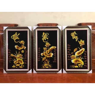 tranh thêu Phúc Lộc Thọ sen vàng (tranh thêu sẵn chưa khung)