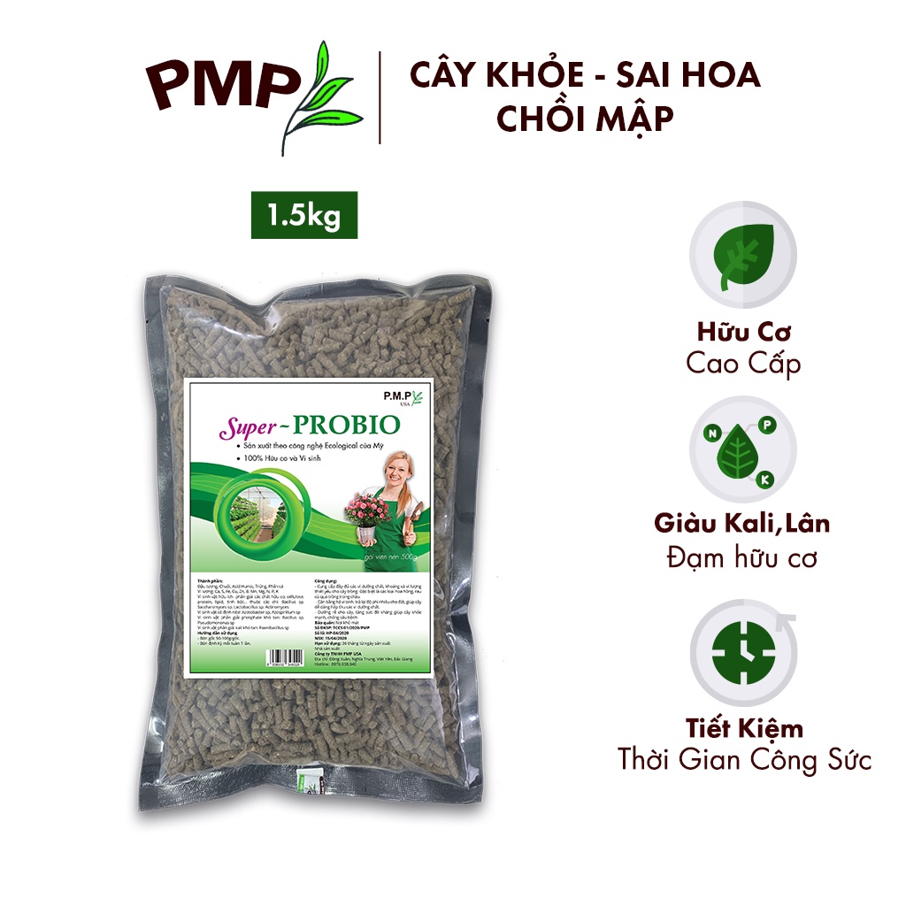 Phân Hữu Cơ Vi Sinh Super Probio PMP Dạng Viên Nén Tan Chậm, Chuyên Dụng Cho Hoa Hồng, Rau Củ Quả 1,5Kg