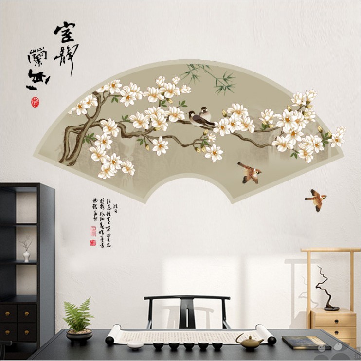 [HOT] Decal dán tường Tranh thủy mặc Hoa đào và chim trang trí phòng khách AmyShop