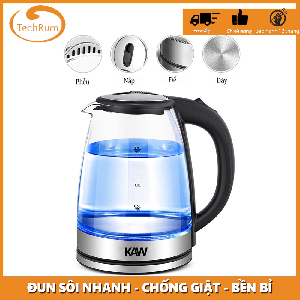 Ấm siêu tốc, bình đun nước siêu tốc KAW dung tích 2L công suất 1500w- bình siêu tốc thủy tinh KAW chính hãng