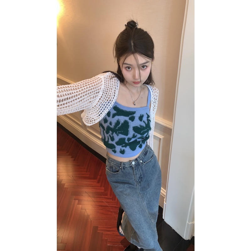 Hàng Mới Nhất Áo cardigan Dệt Kim Mỏng + Áo Hai Dây Dáng Ngắn Cho Nữ