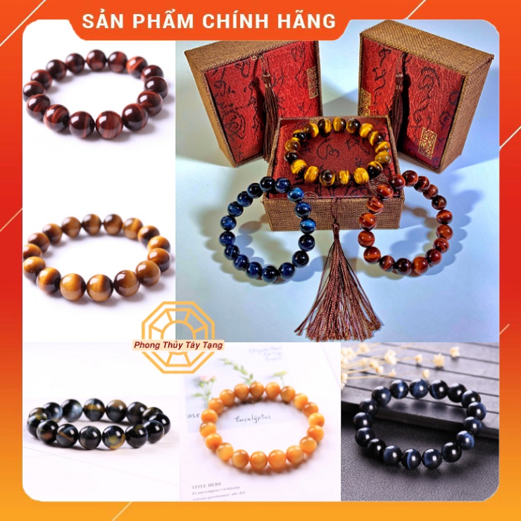 Vòng tay phong thủy Mắt hổ Vàng Đỏ Xanh nam nữ mệnh Kim Mộc Thủy Hỏa Thổ 8 10 12 li tặng hộp gỗ cao cấp - PT Tây Tạng