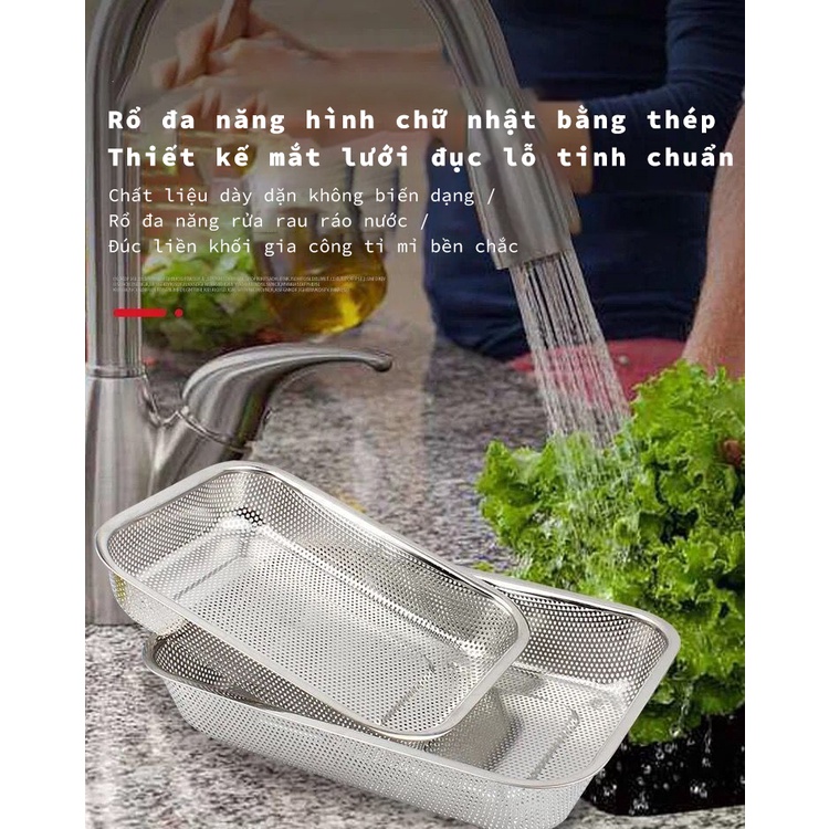 Khay thoát nước hình chữ nhật chất liệu inox giá đỡ chén bát thoát nước rổ đựng rau trái cây