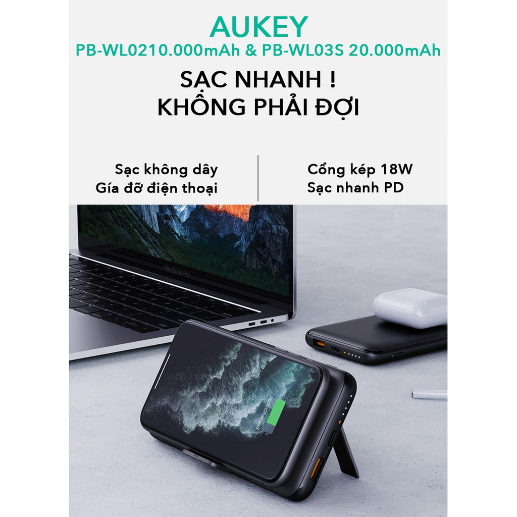 Pin Sạc Dự Phòng 10000mAh Aukey PB-WL02, PB-WL03S 20000mAh PD 18W, QC 3.0, Không Dây Qi 10W