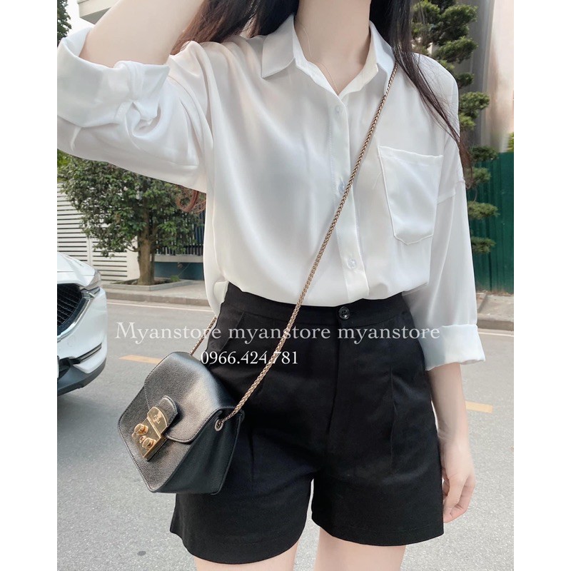 Áo Sơ Mi Lụa Nữ Dáng Rộng MYAN Thiết Kế Cổ Đức Đuôi Tôm Basic Màu Trơn Trendy 2023 AVN102005