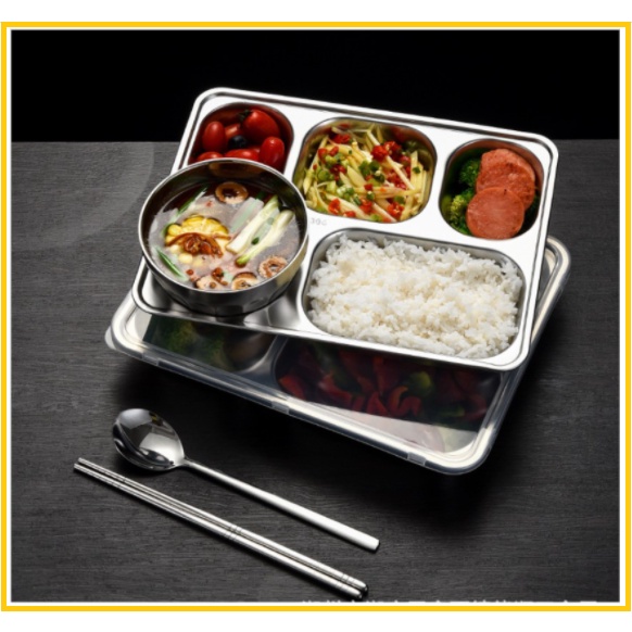 KHAY ĐỰNG THỨC ĂN 5 NGĂN INOX 304 CAO CẤP AN TOÀN CHO SỨC KHỎE, CHO BÉ ĂN DẶM, KÍCH THƯỚC: 33cm X 25cm X 4cm