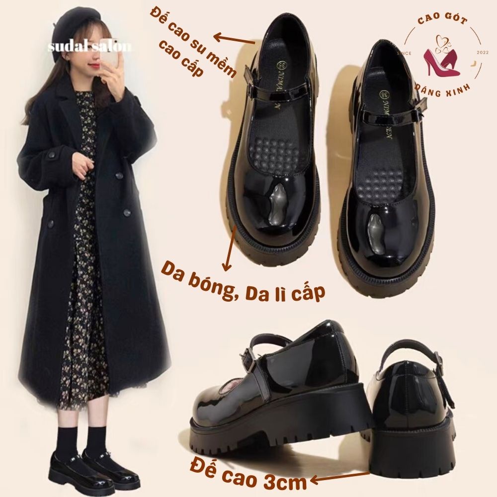 Giày búp bê nữ Lolita - dây cài - đế 5 phân, 3 phân ôm chân cao cấp - giày nữ đế độn da mềm thời trang