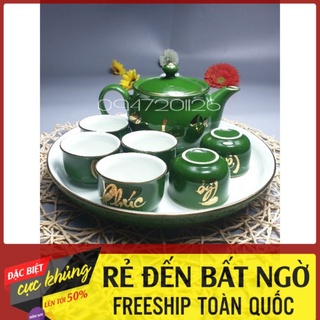 Bộ ấm chén pha trà gốm bát tràng men xanh rêu vàng kim phúc lộc thọ khang minh - khay tròn - ấm 400ml