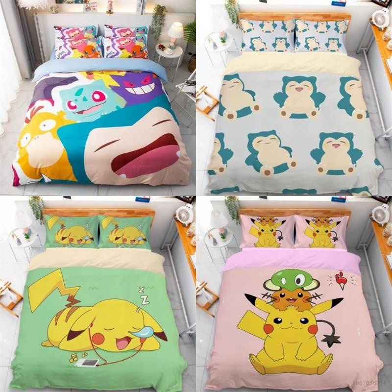 Bộ Chăn Ga Và Vỏ Gối 3 Trong 1 In Hình Pokemon Đáng Yêu Cho Giường Ngủ YB2 BY2