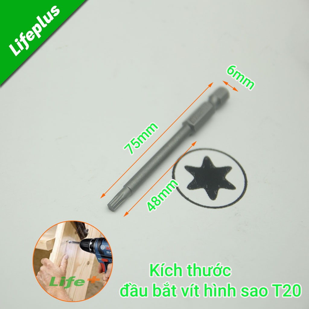 Đầu bắt vít hình sao T20 Φ3.84 trục 4.5 dài 75mm chuôi lục thép S2