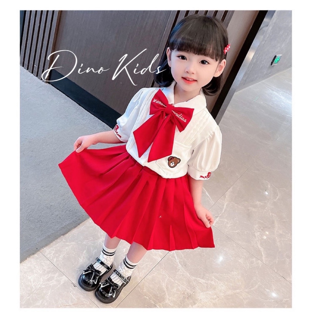 Đồng phục học sinh, set váy 3ct: áo sơ mi trắng thêu mặt gấu, chân váy xếp ly và nơ siêu xinh cho bé gái size 12-24kg