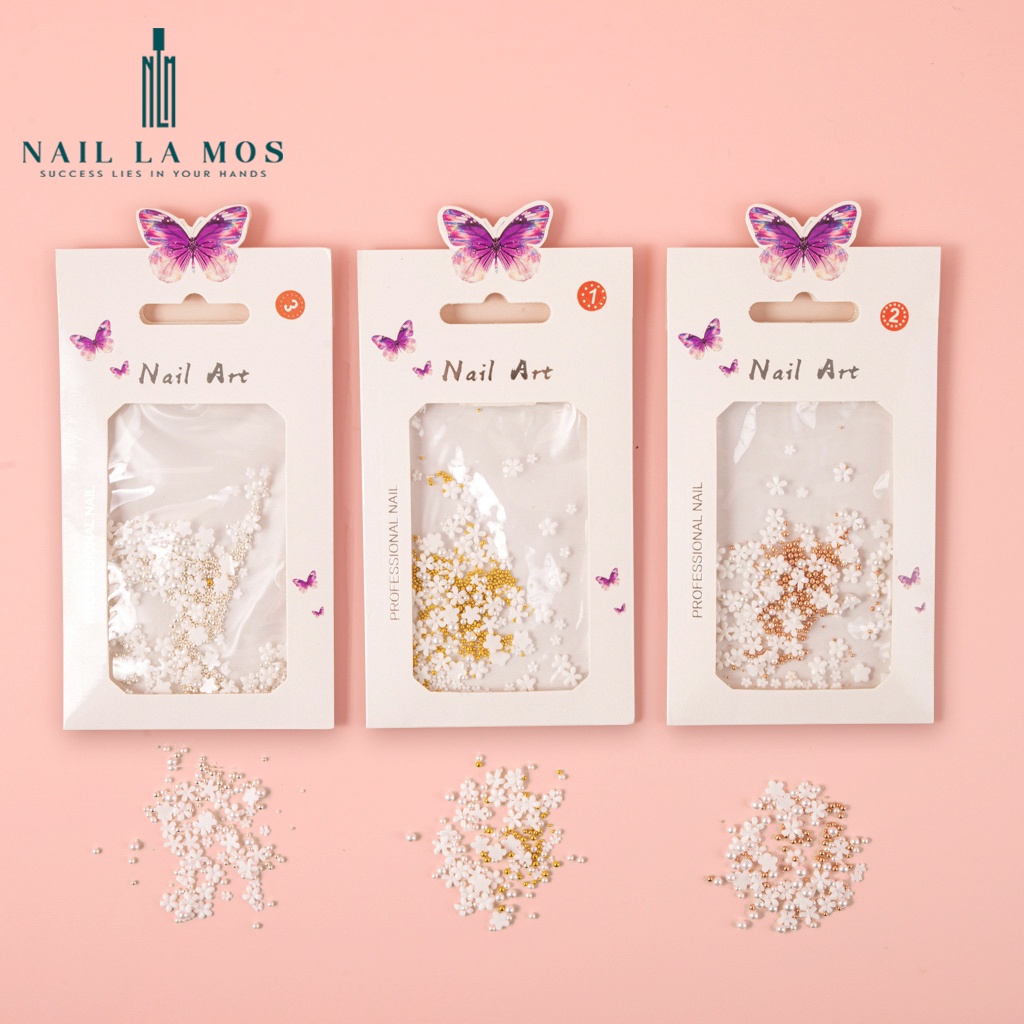 Phụ kiện hoa nhí nail mix bi - hoa sứ nhí nail màu trắng đính móng phong cách Hàn Nhật
