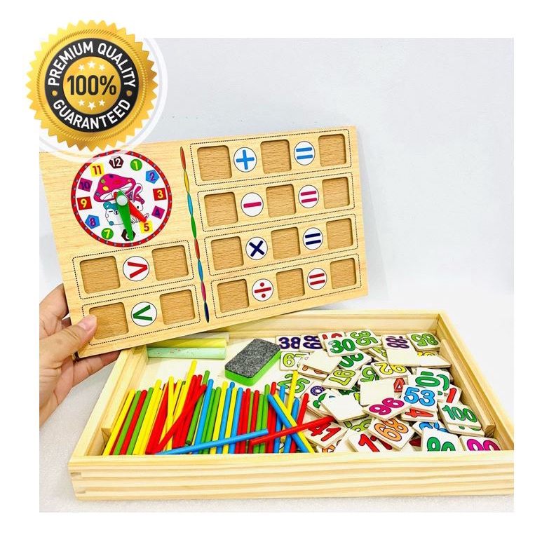 Hộp que tính kèm 100 số gỗ học toán kèm bảng viết cho bé - đồ chơi Montessori