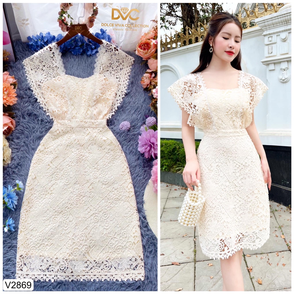 Váy chữ A ren kem cánh tiên cổ vuông siêu xinh V2869