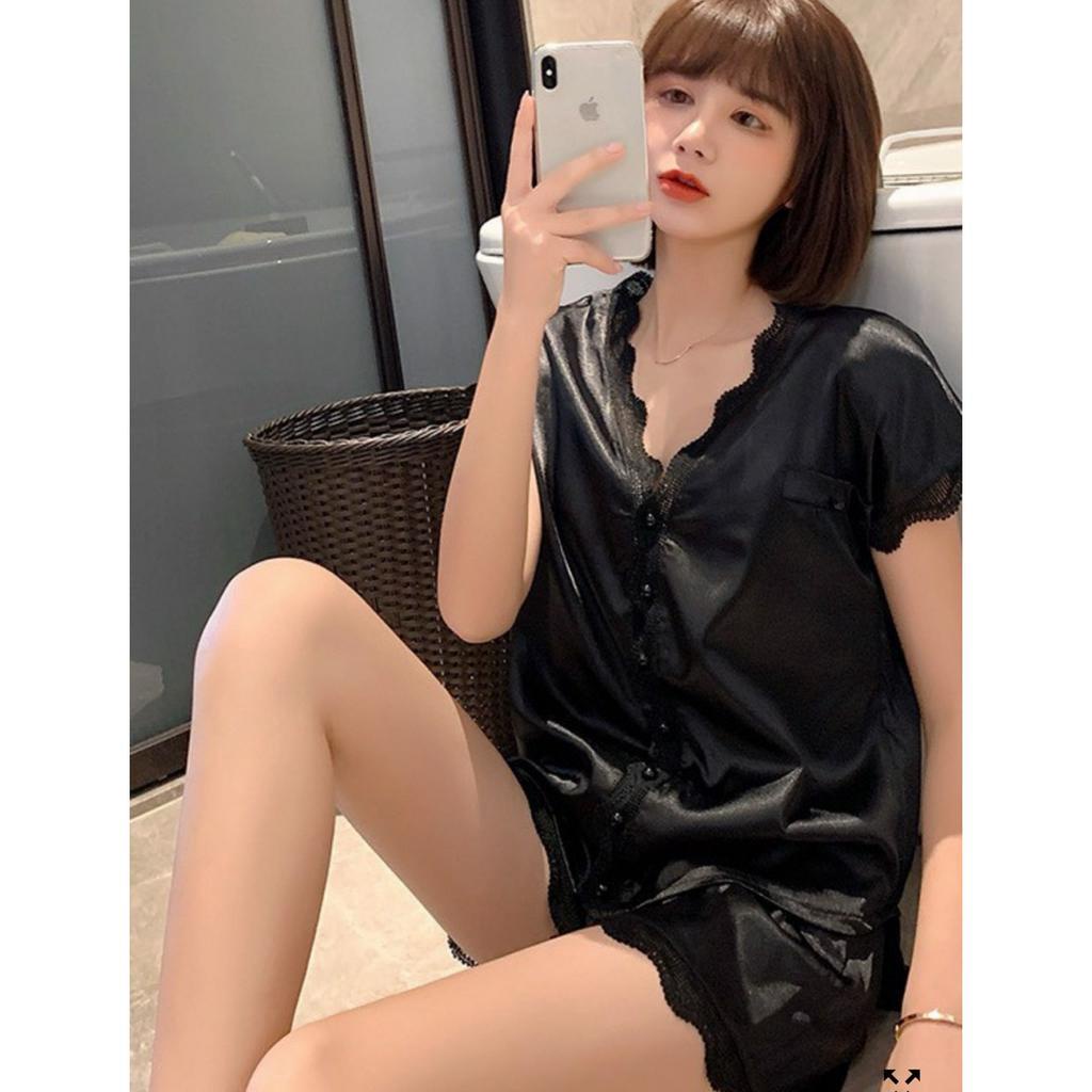 Bộ Mặc Nhà, Pijama Lụa, Bộ Ngủ Nữ Mùa Hè Áo Cộc Tay Quần Đùi Chất Liệu Lụa Gấm Thiết Kế