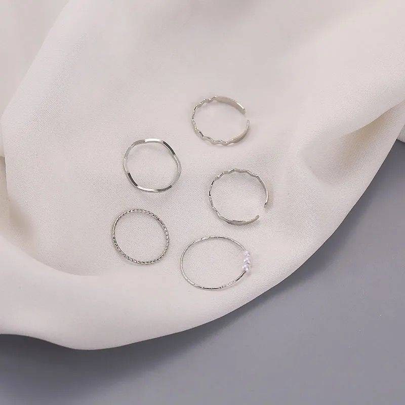 Set 5 nhẫn mạ bạc đính ngọc trai có thể được điều chỉnh thời trang