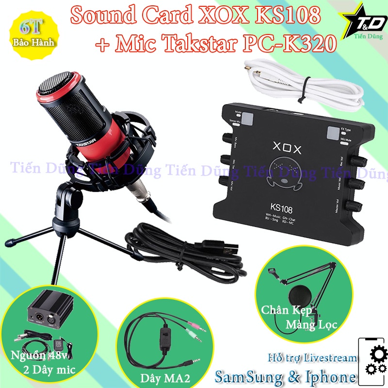 Bộ mic thu âm Taksar PC K320 sound card XOX KS108 chân màng MA2 nguồn 48V 2 dây canon-  Bộ live stream sound card ks108