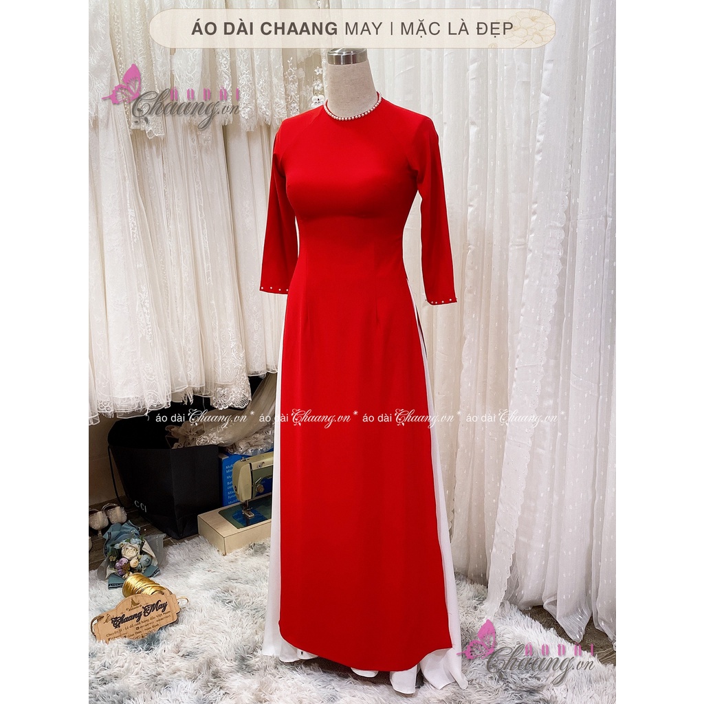 Áo dài cổ tròn màu đỏ CHAANG May sẵn áo dài lụa cổ kiềng, viền hạt cườm ngọc