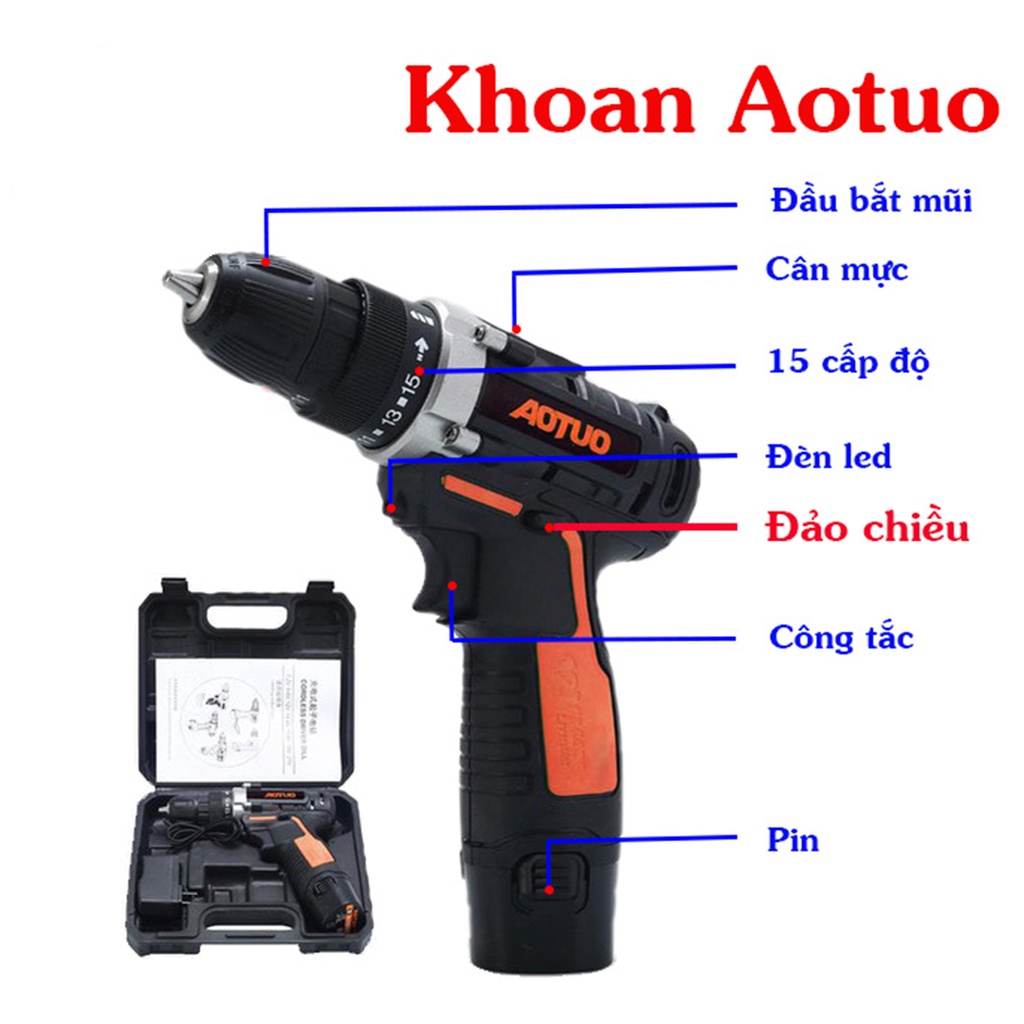 MÁY KHOAN, BẮT VÍT 2 CHIỀU AOTUO DÙNG PIN 12V - TẶNG MŨI KHOAN