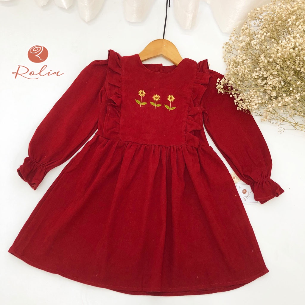 Váy bé gái thêu hoa Princess Dress ROLIA chất nhung mềm dày dặn dài tay mùa thu V120